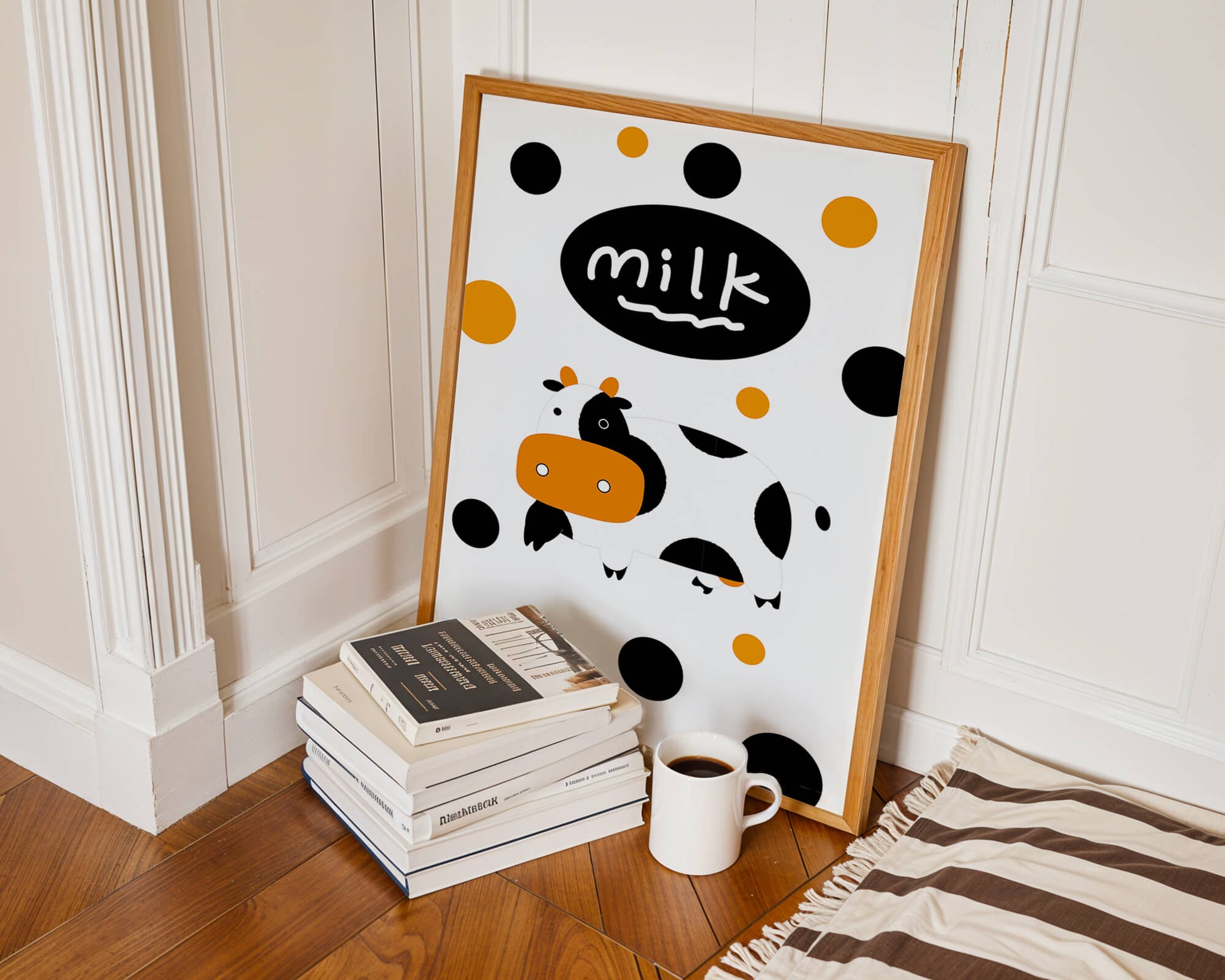 Illustrated cow with modern design and abstract elements