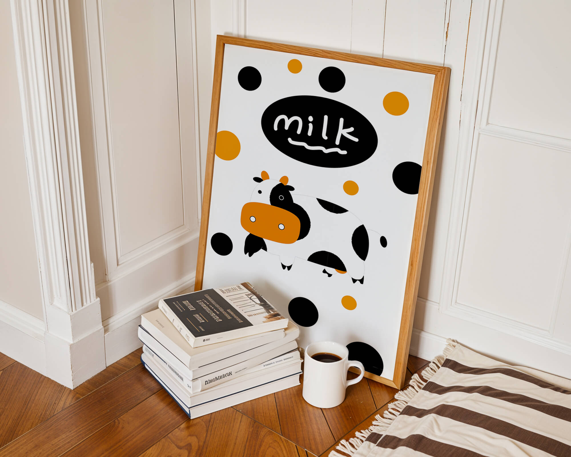 Illustrated cow with modern design and abstract elements