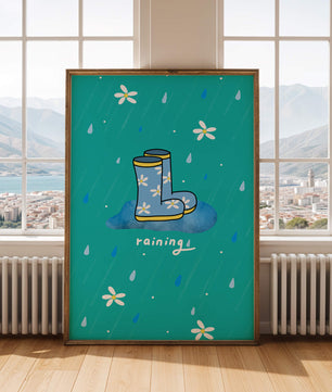 Colorful rain boots with floral pattern on a rainy background