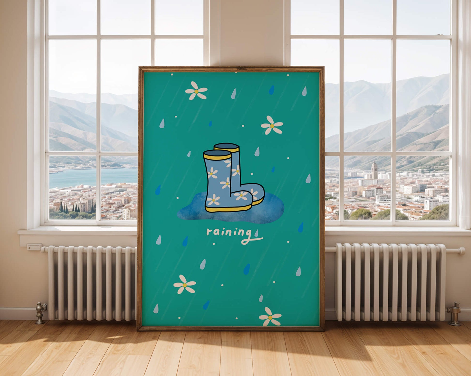 Colorful rain boots with floral pattern on a rainy background
