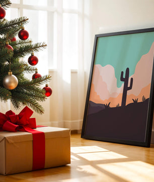 Abstract desert landscape with cactus silhouette at sunset