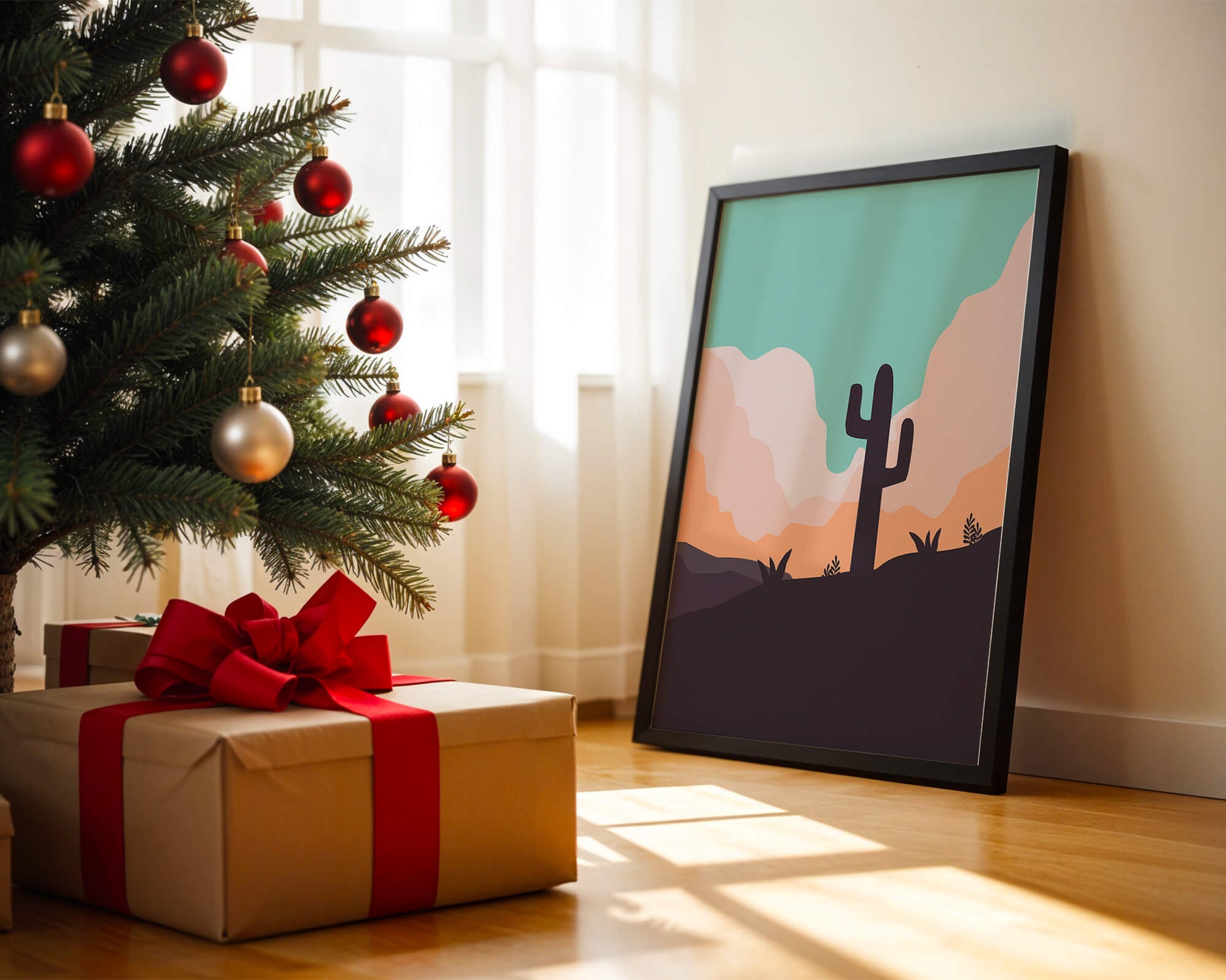 Abstract desert landscape with cactus silhouette at sunset