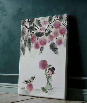 Ilustración encantadora de un niño con ropa tradicional, bayas vibrantes y hojas exuberantes