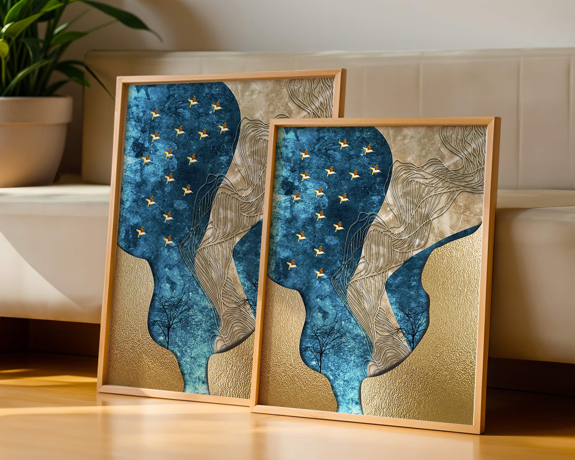 Abstract Textured Landscape with Gold and Blue Elements