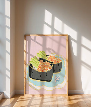 Illustration of sushi rolls with fish roe and avocado on a pastel background