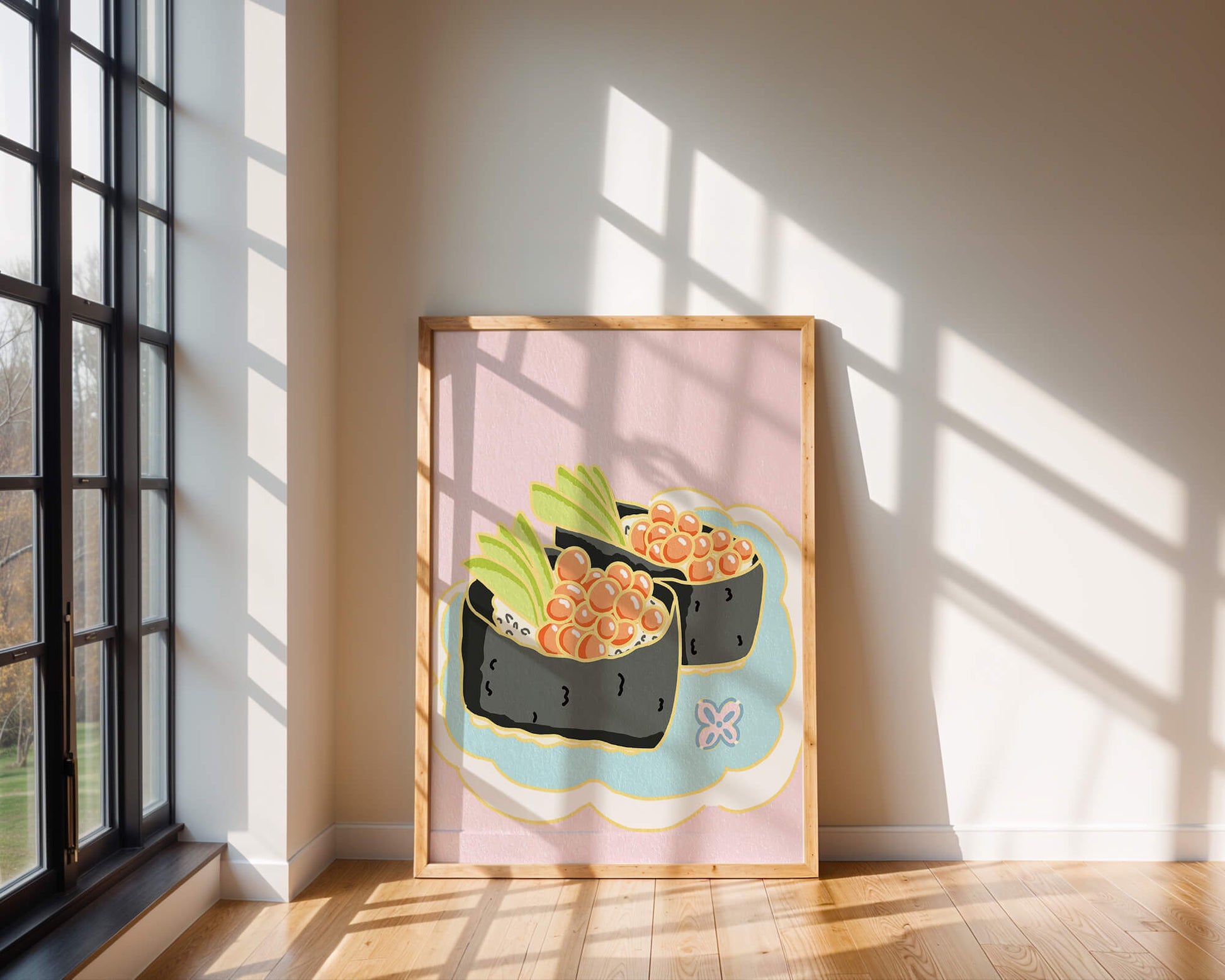 Illustration of sushi rolls with fish roe and avocado on a pastel background
