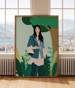 Illustrative portrait of a woman in a stylish outfit with nature backdrop