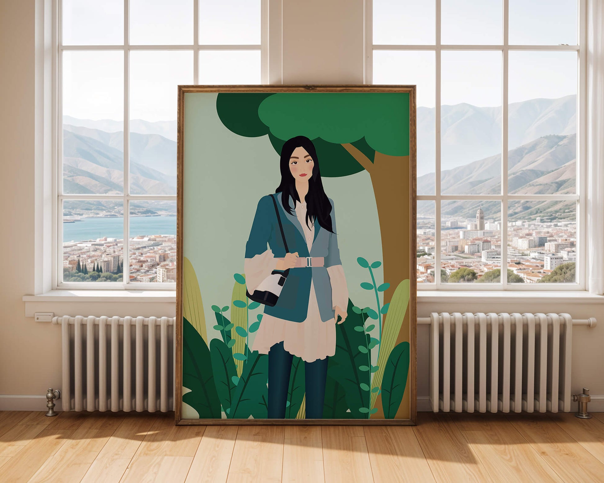 Illustrative portrait of a woman in a stylish outfit with nature backdrop