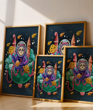 Whimsical space panda illustration with planets and stars