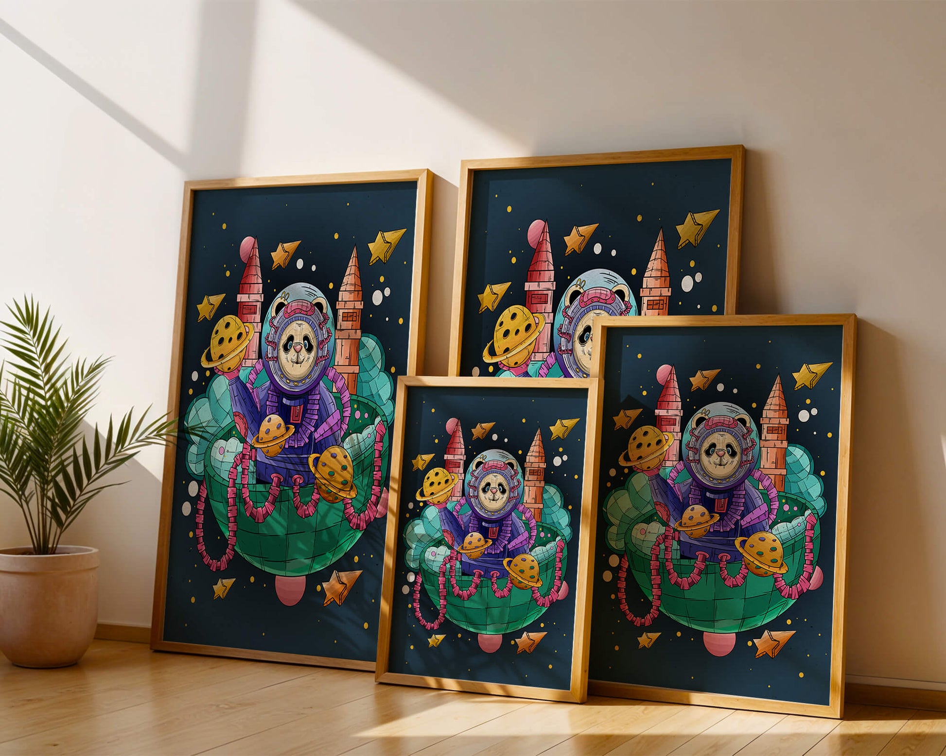 Whimsical space panda illustration with planets and stars