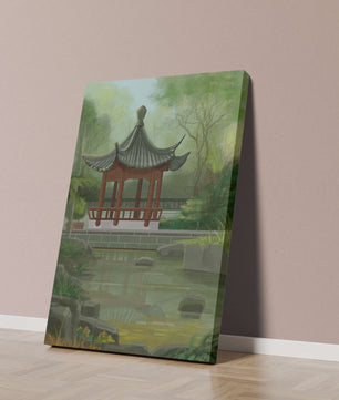 Tranquil Asian garden scene with traditional pagoda and serene pond
