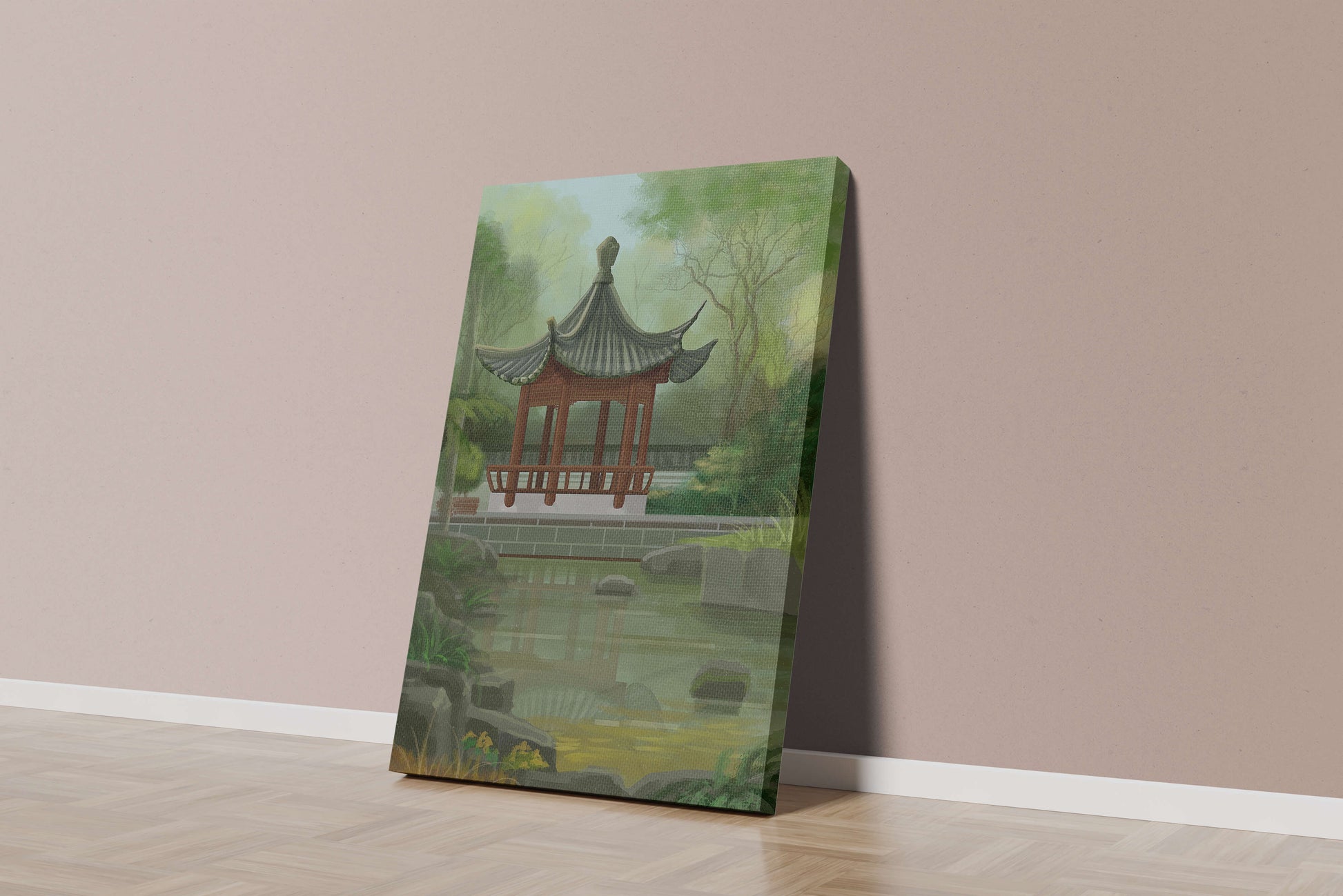 Tranquil Asian garden scene with traditional pagoda and serene pond