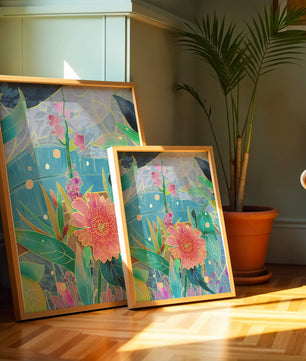 Kunst abstrak bunga yang berwarna-warni dengan bunga dan daun yang cerah