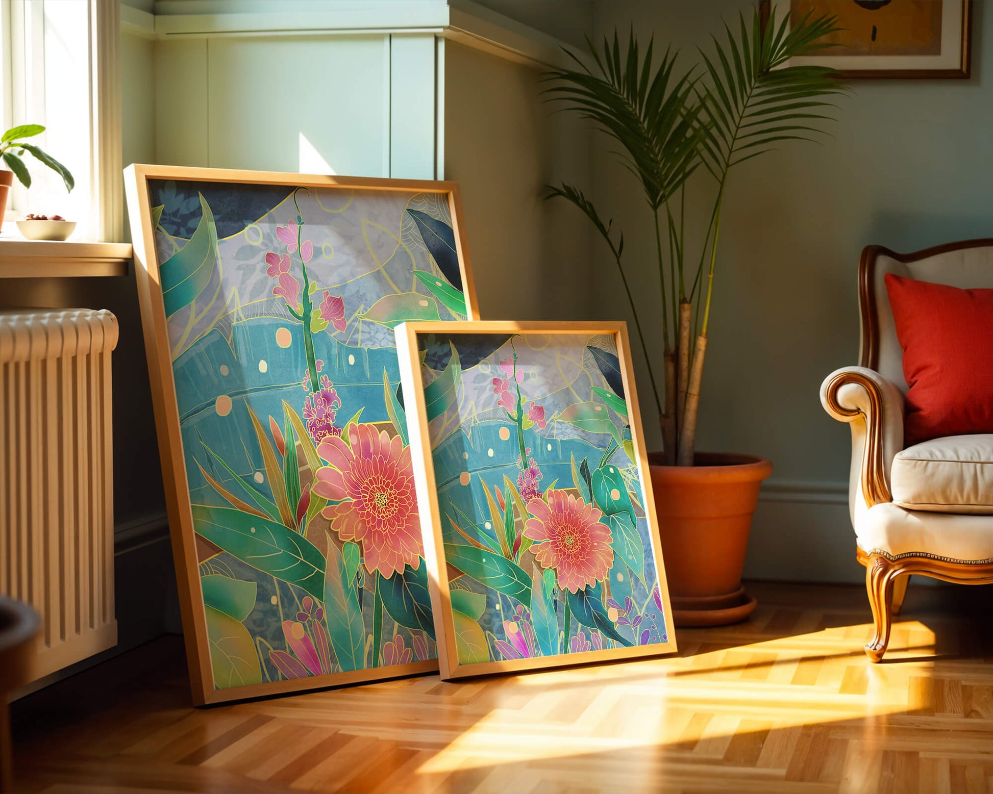 Kunst abstrak bunga yang berwarna-warni dengan bunga dan daun yang cerah