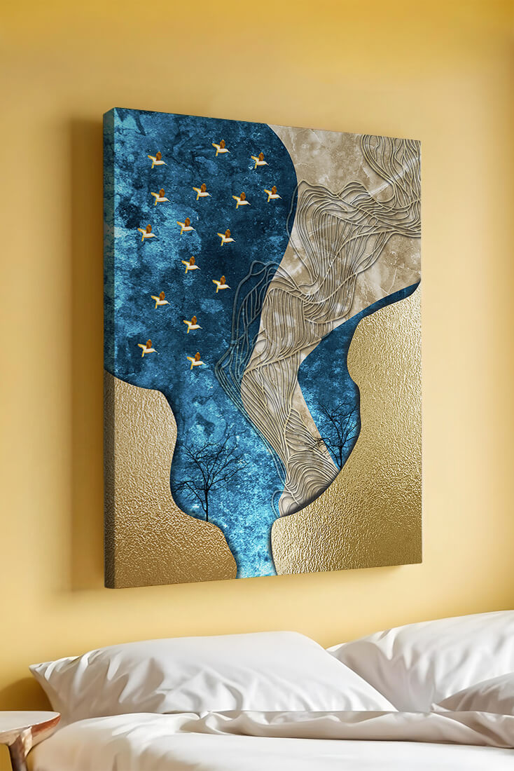 Abstract Textured Landscape with Gold and Blue Elements