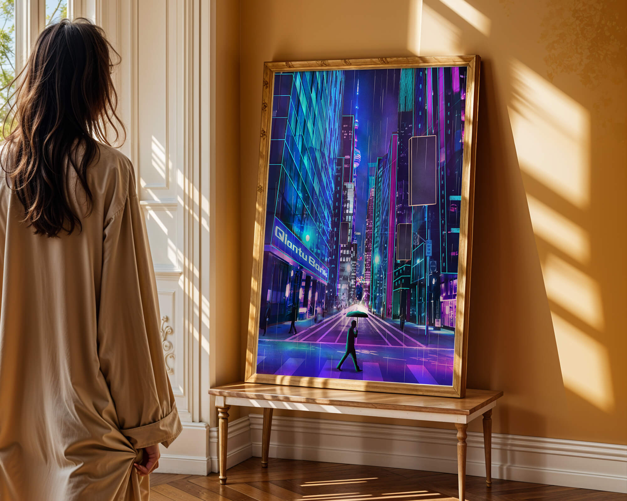 Futuristic urban street scene with neon lights and rainy atmosphere