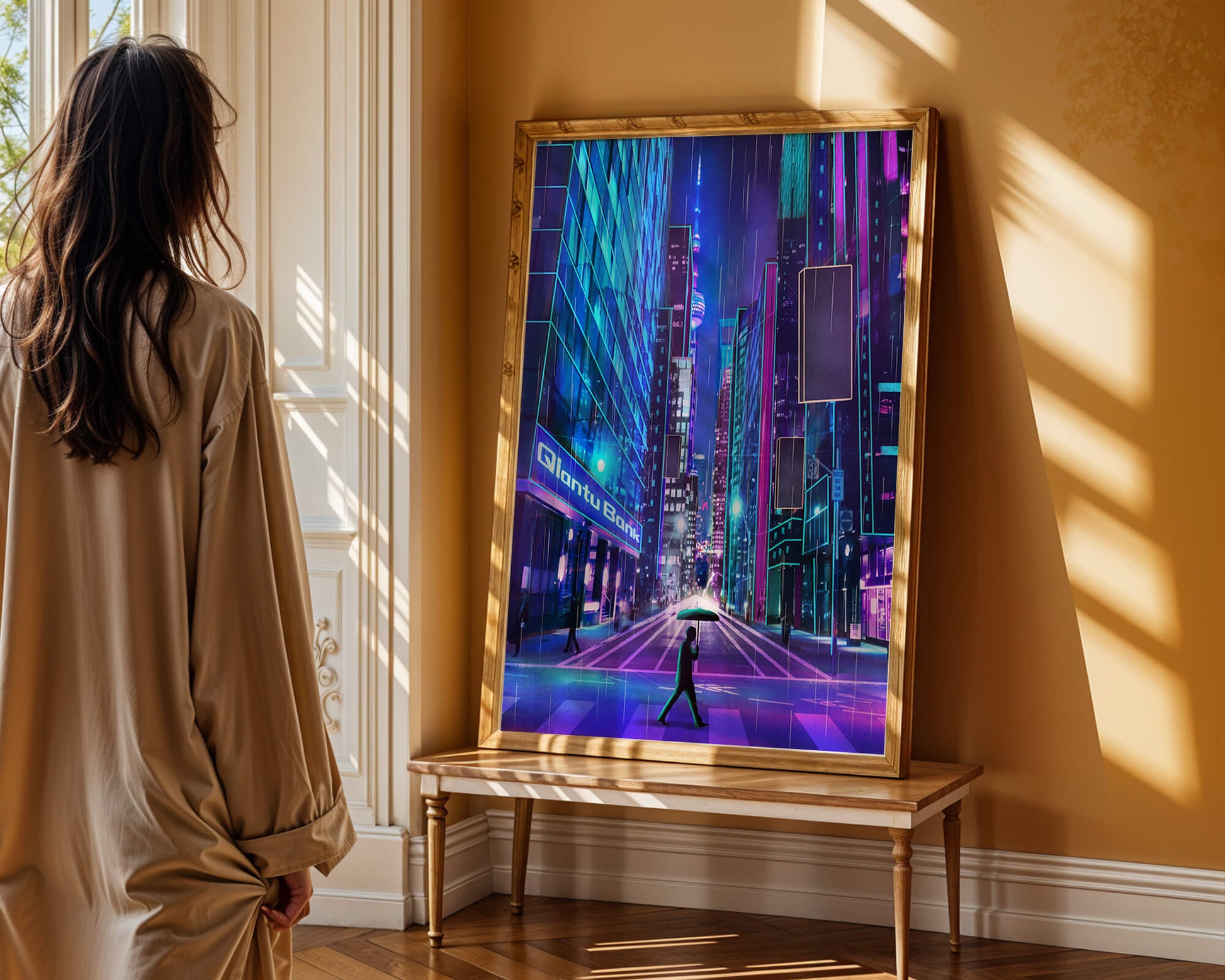 Futuristic urban street scene with neon lights and rainy atmosphere