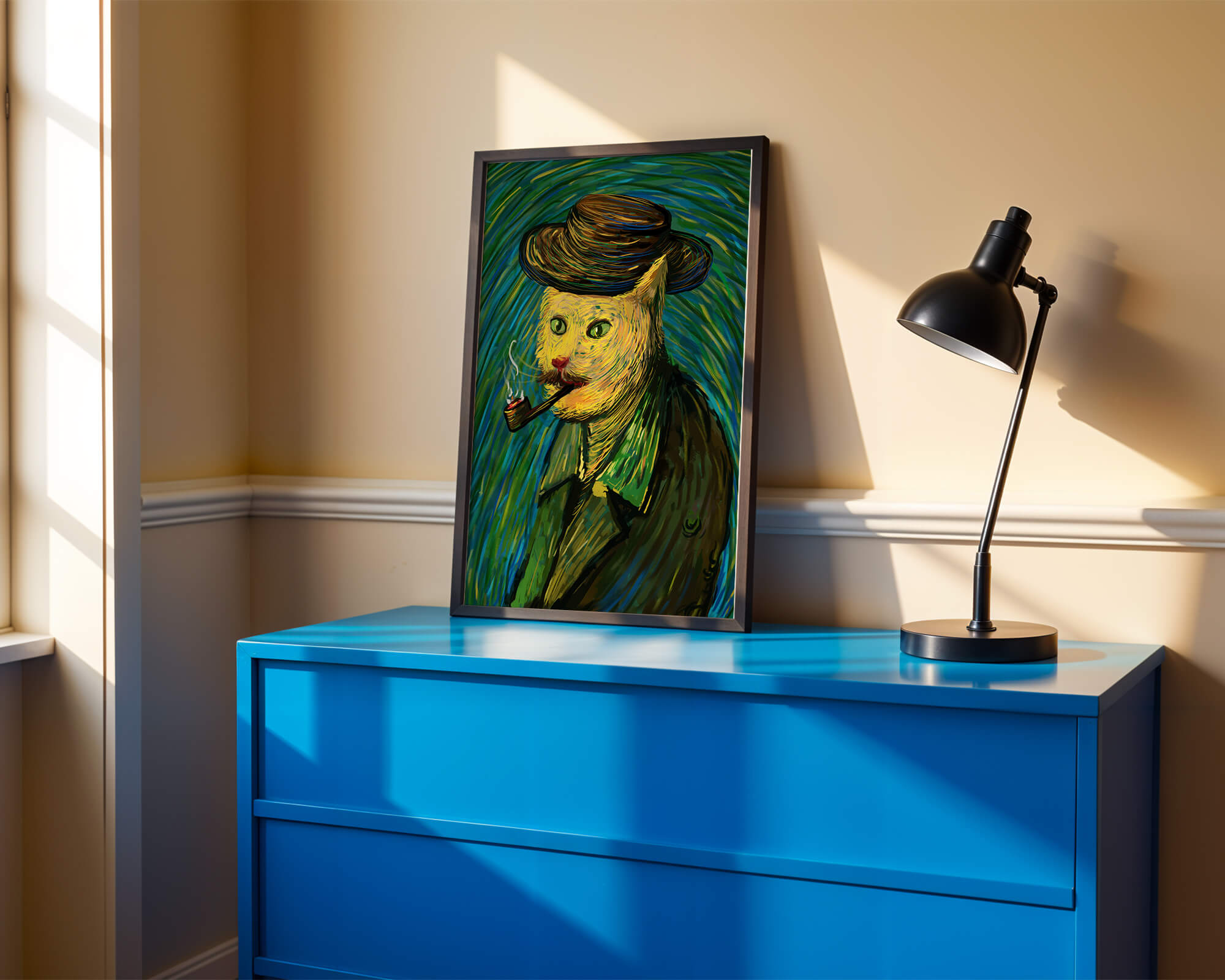 Whimsical cat smoking a pipe in a vibrant painting style