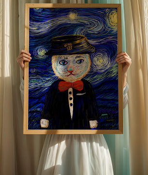 Whimsical cat character against starry night sky background
