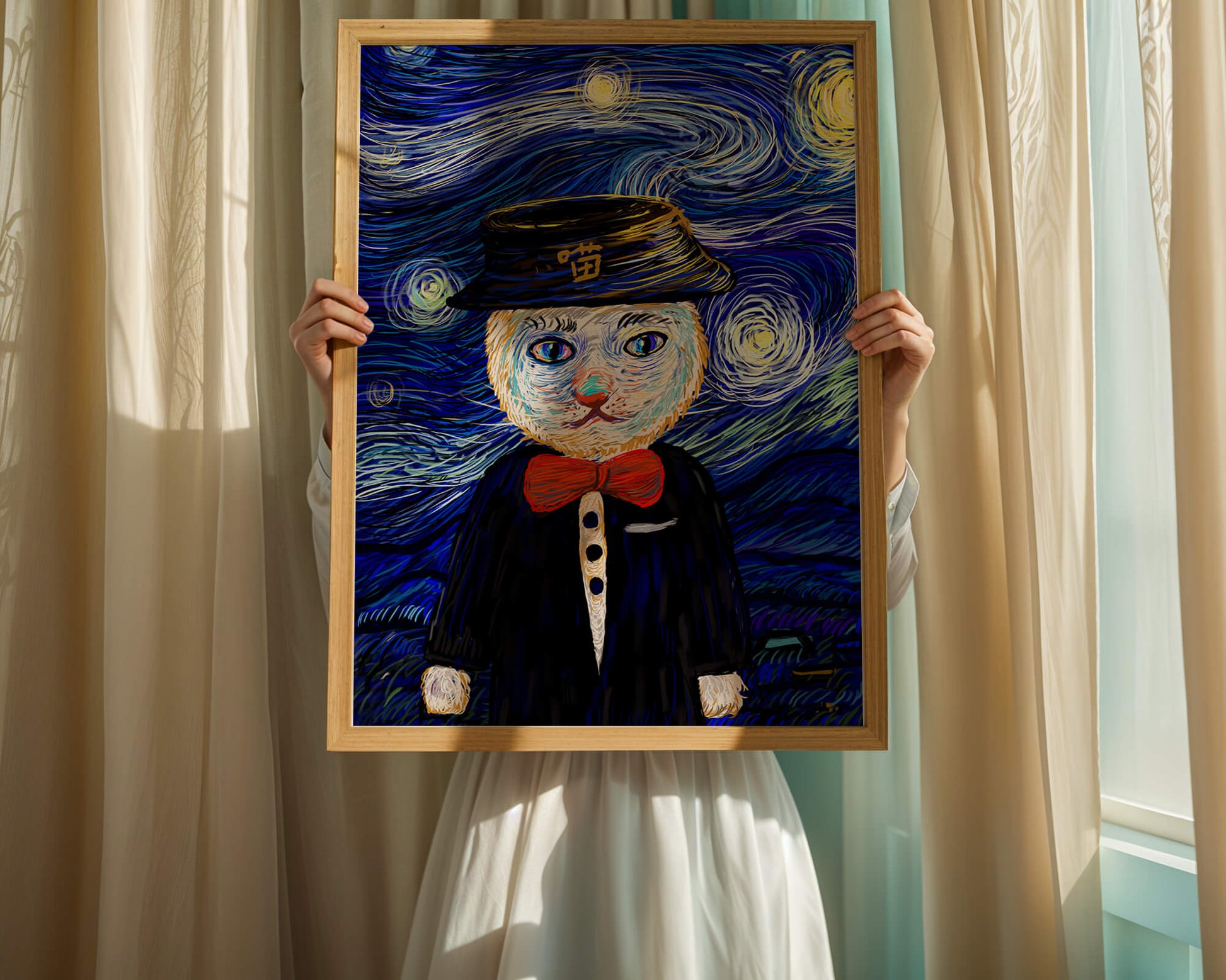 Whimsical cat character against starry night sky background