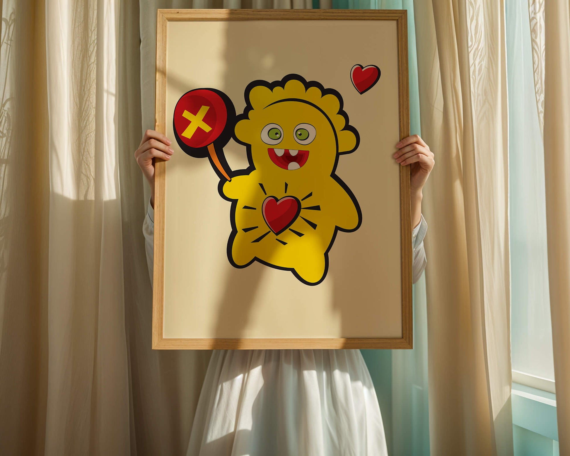 Colorful cartoon character with heart and playful design