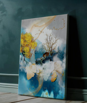 Surreal Nature Scene with Elephants and Golden Leaves