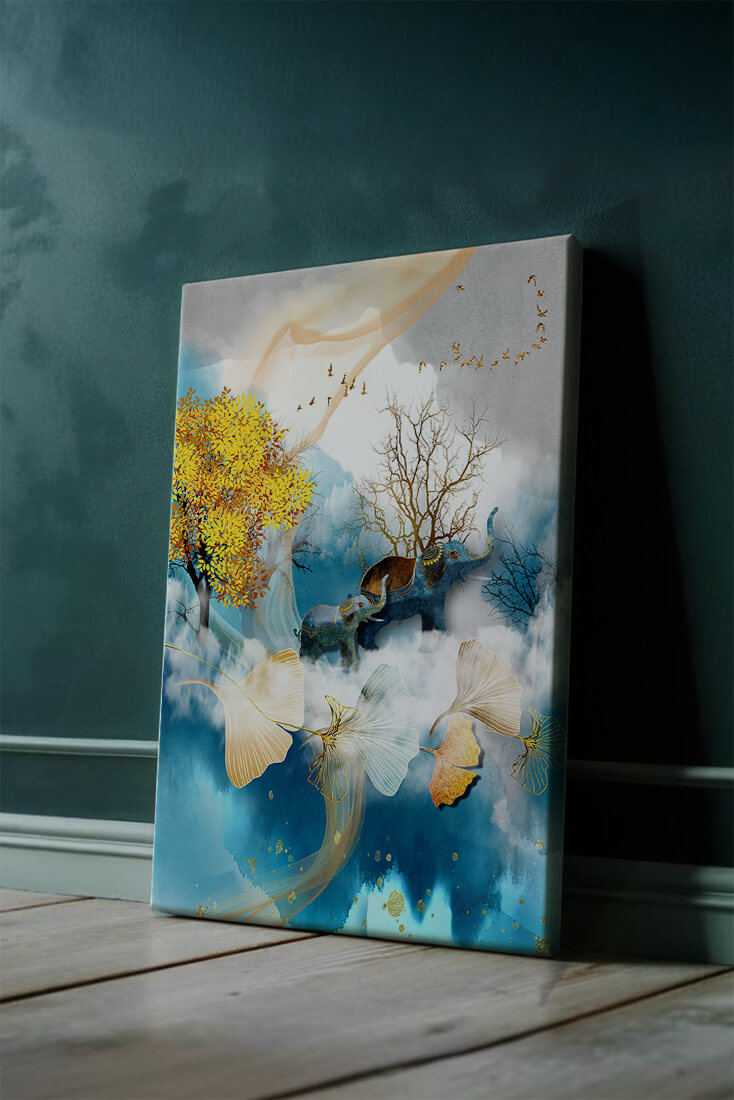 Escena surrealista de la naturaleza con elefantes y hojas doradas