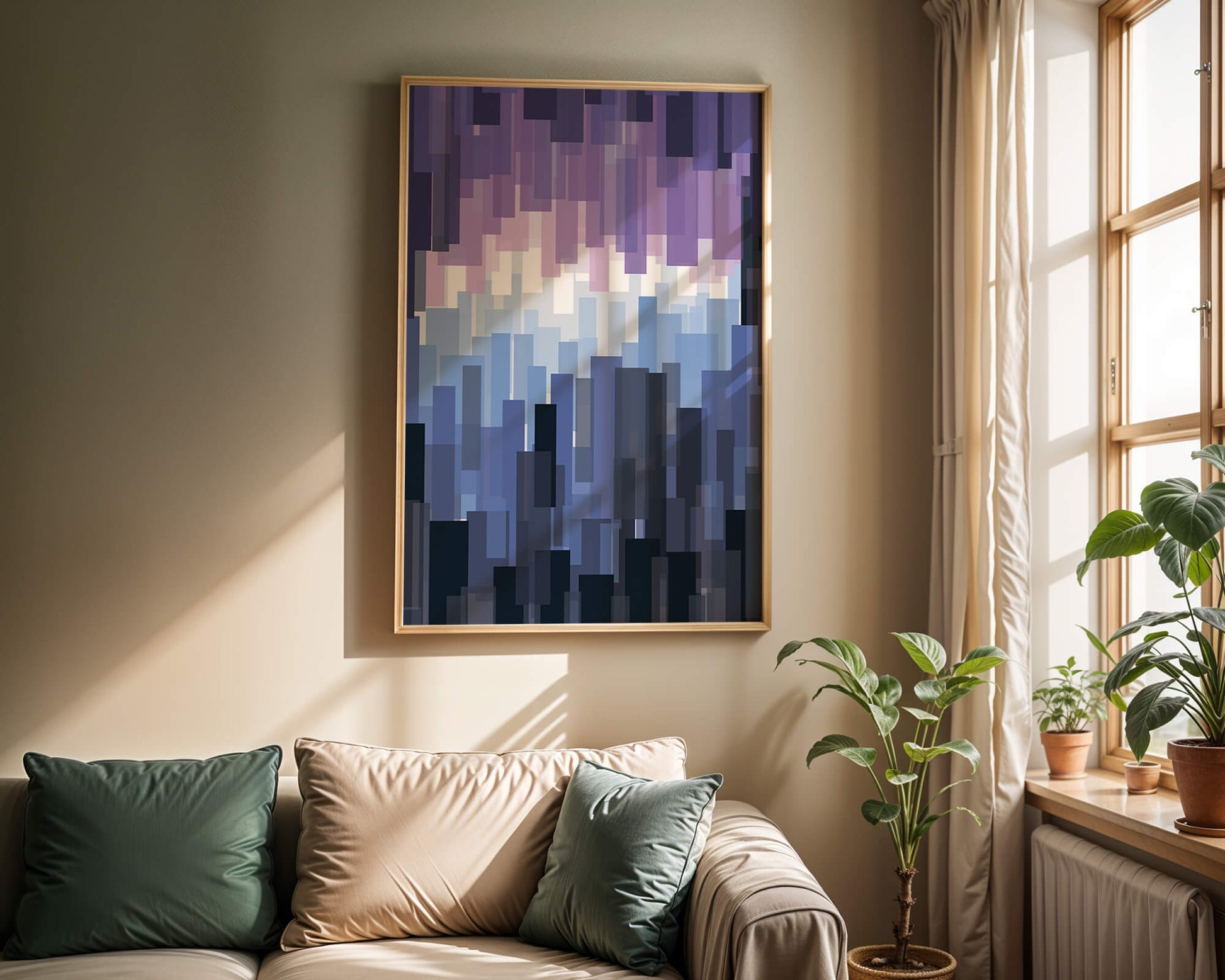 Abstrakter pixeliger Farbverlauf mit Blau- und Lilatönen