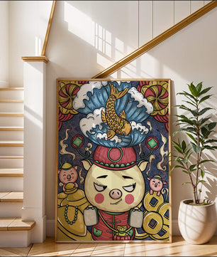 Colorful illustration featuring a whimsical pig and koi fish with decorative elements