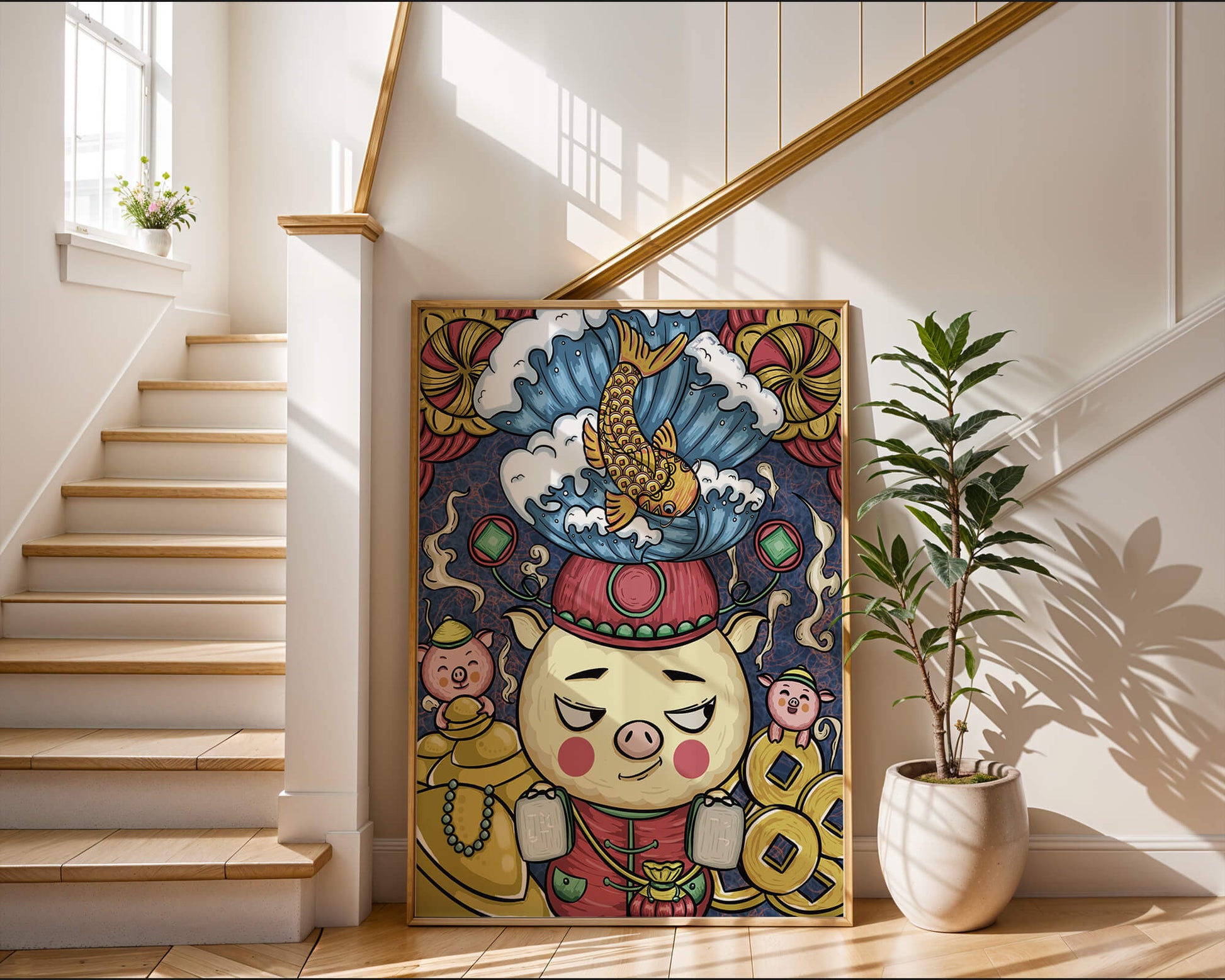 Colorful illustration featuring a whimsical pig and koi fish with decorative elements