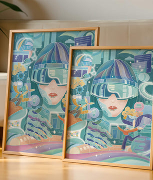 Futuristic digital art with virtual reality and technology themes