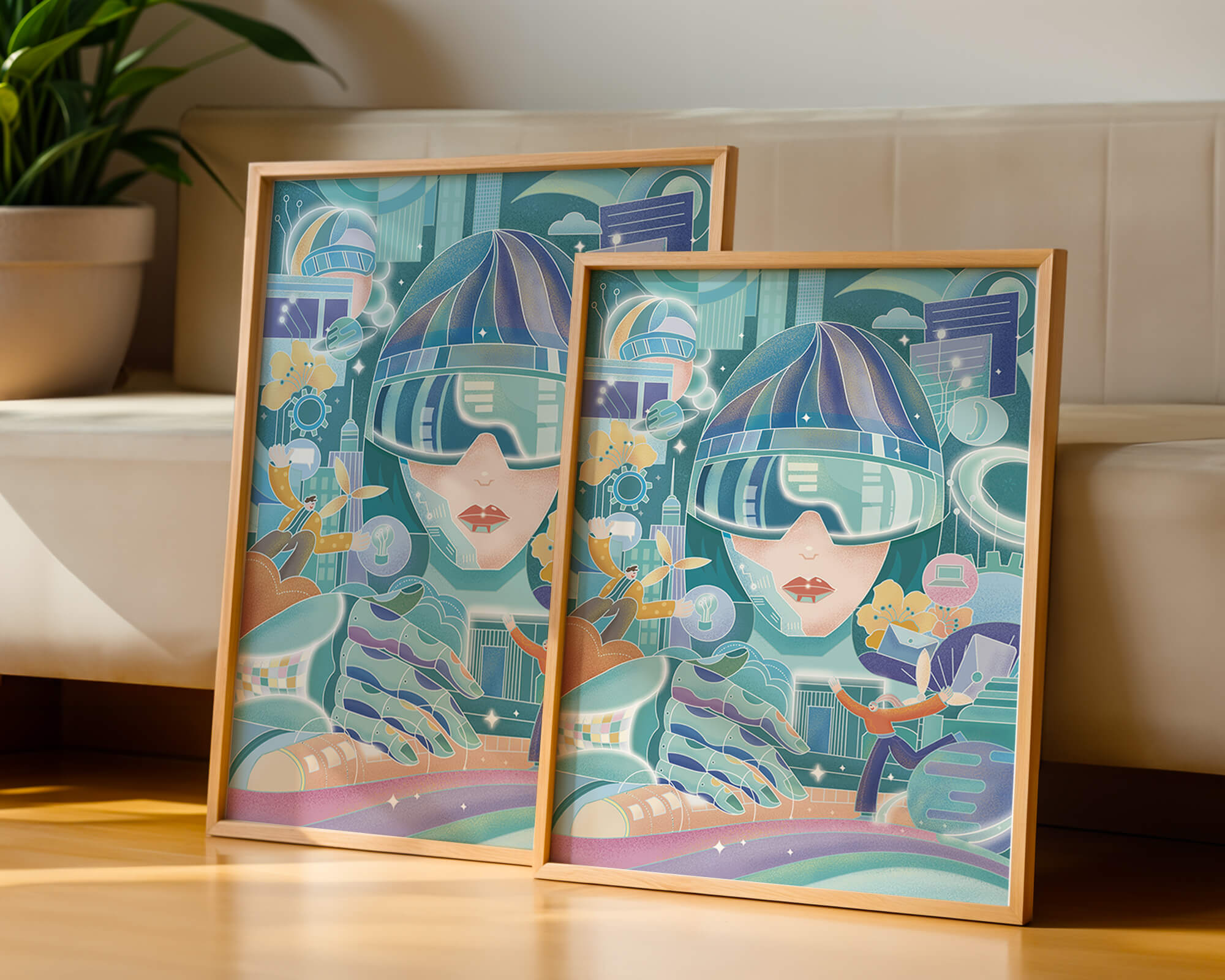 Futuristic digital art with virtual reality and technology themes