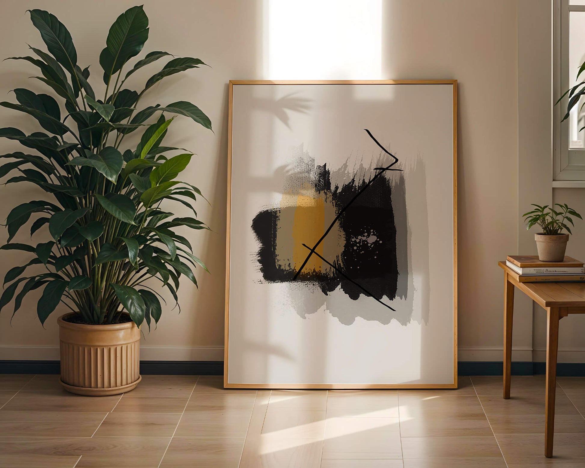 Abstract modern art with golden and black brush strokes