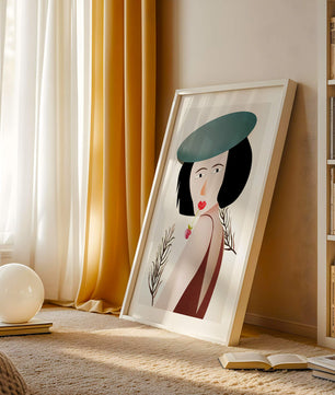 Mujer con sombrero azul y flor en estilo arte moderno