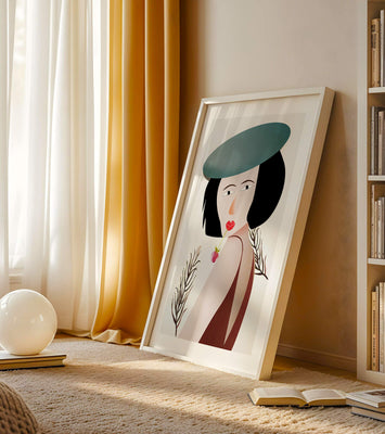 Woman with Blue Hat and Flower in Modern Art Style