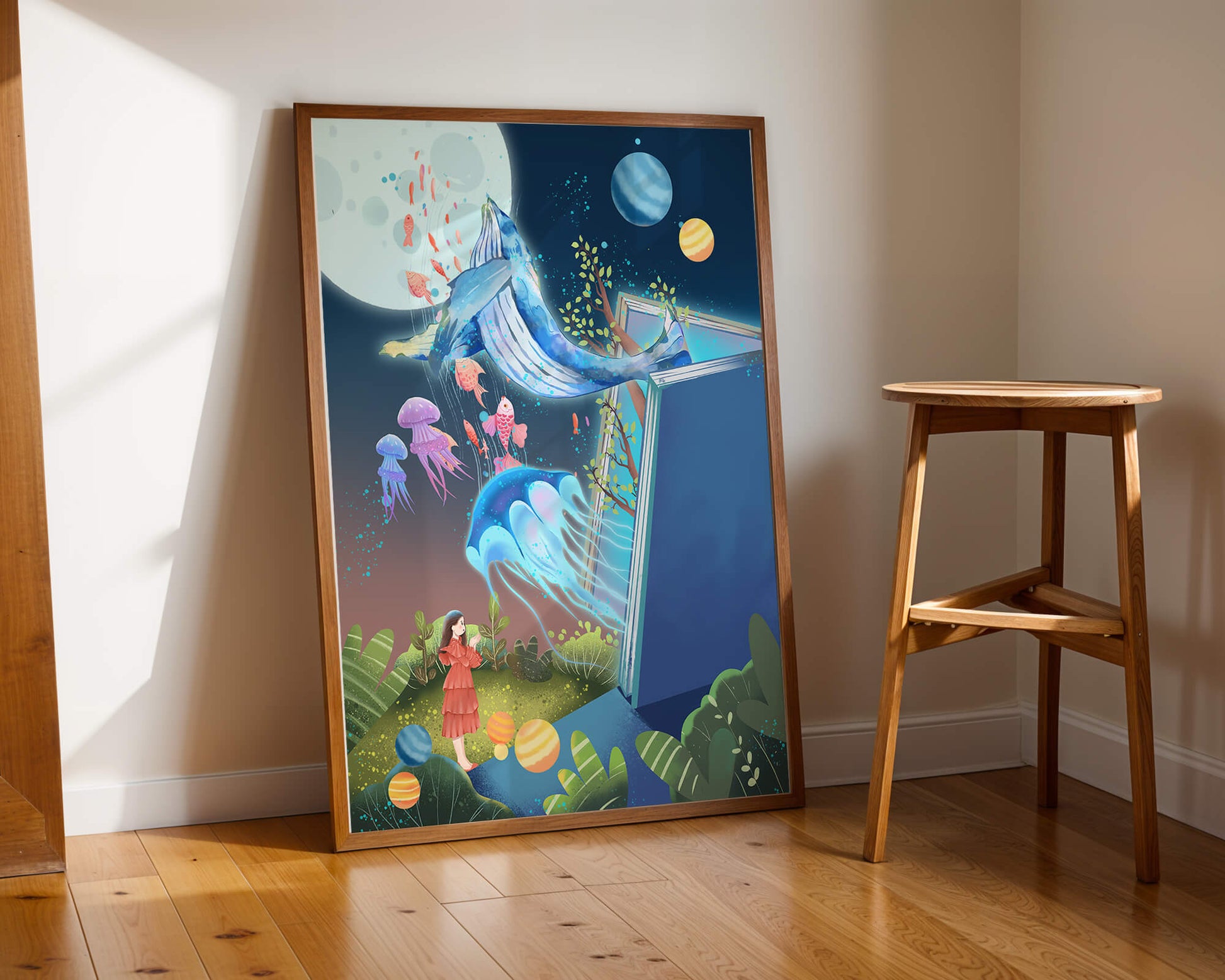 Surreal Ocean Life Emerging From a Book in a Dreamlike Forest Scene