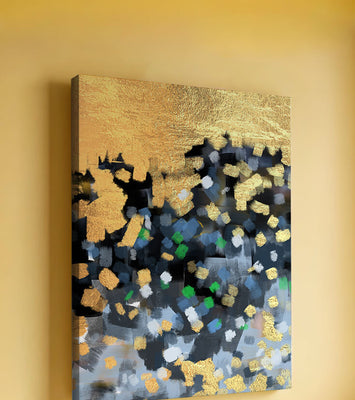 Abstract art with gold and colorful brushstrokes