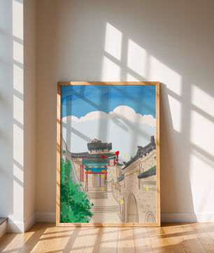 Arquitectura china tradicional con toques vibrantes y fondo escénico