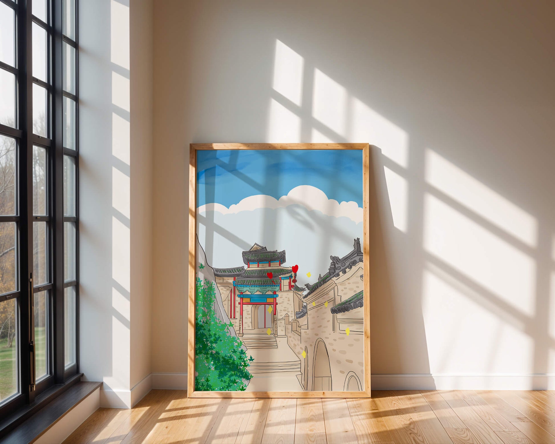 Arquitectura china tradicional con toques vibrantes y fondo escénico
