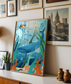 Underwater scene with whale, fish, and sea plants illustration