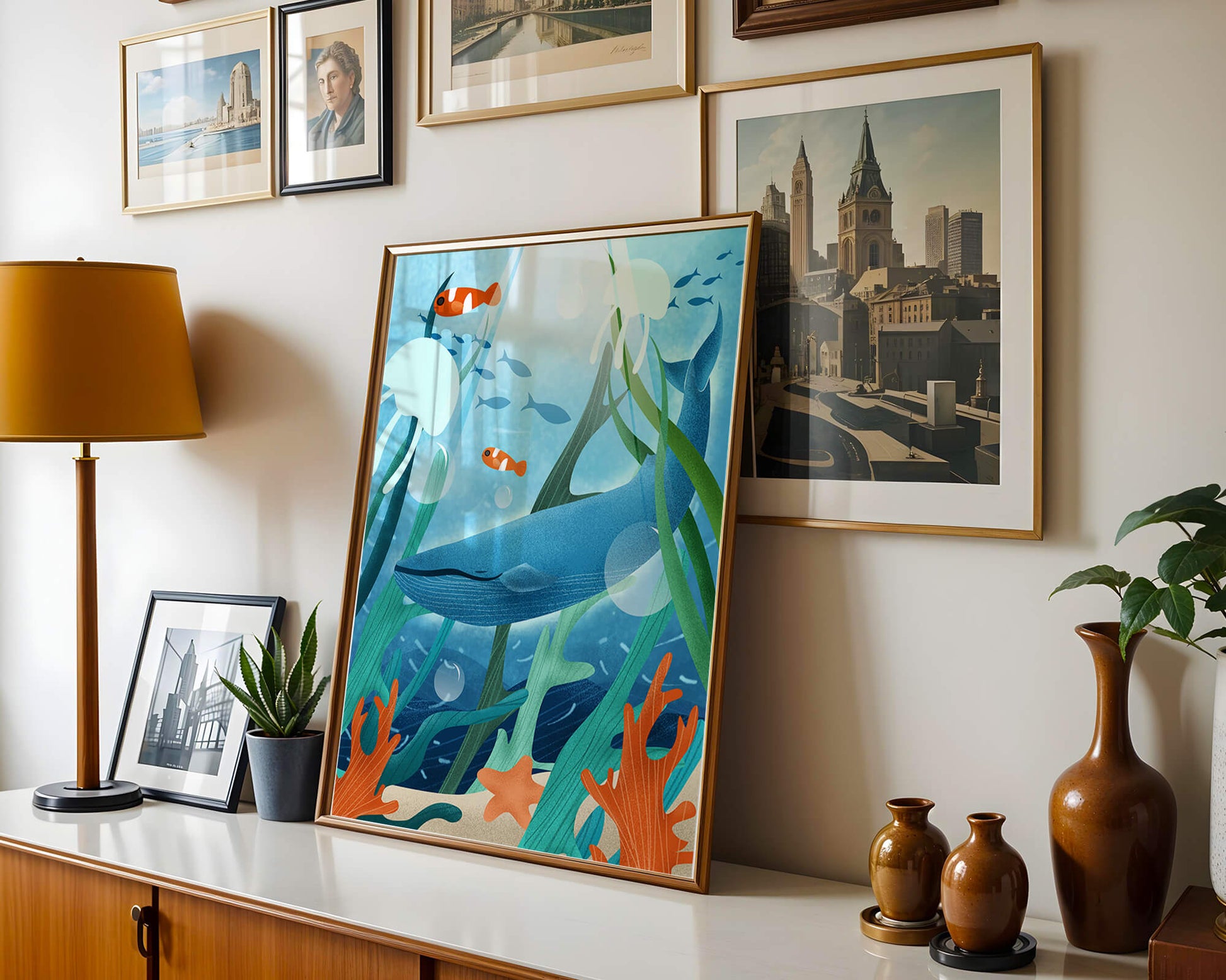 Underwater scene with whale, fish, and sea plants illustration