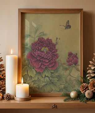 Delicate peonies with butterflies in a serene natural setting
