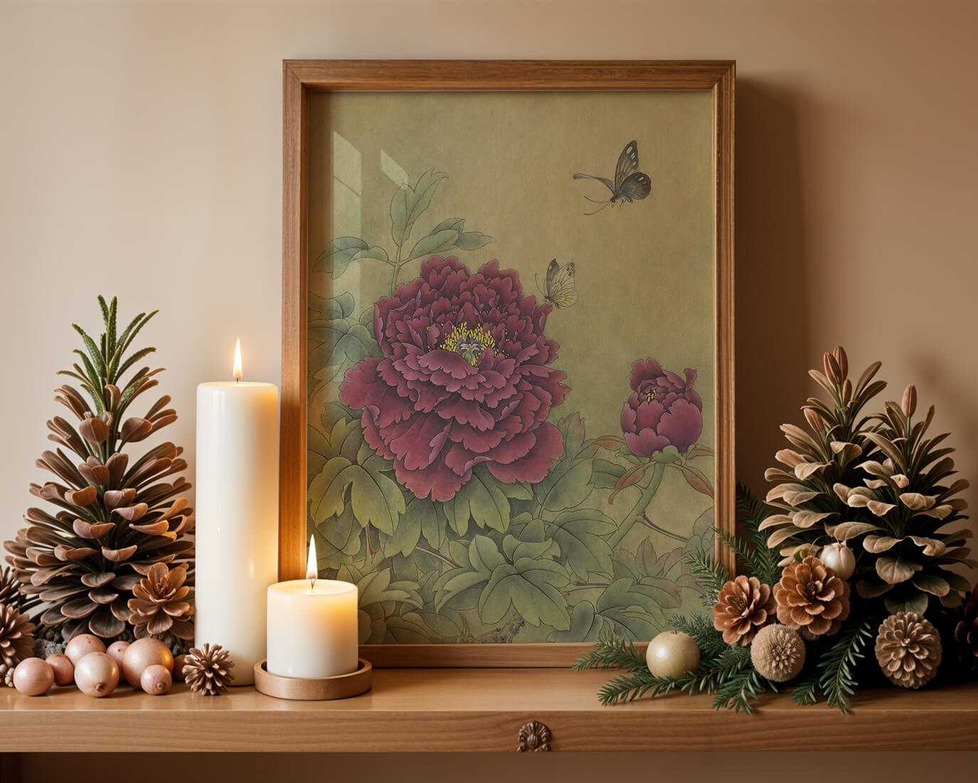 Delicate peonies with butterflies in a serene natural setting