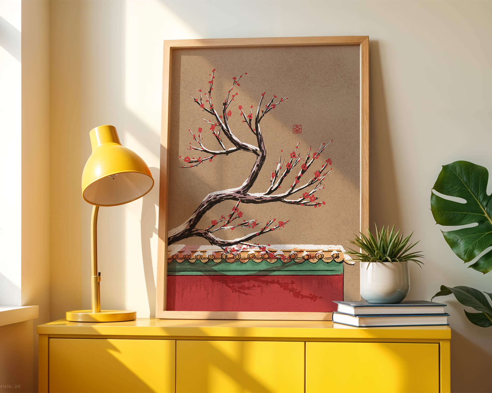 Illustration of blooming plum branch over traditional rooftop