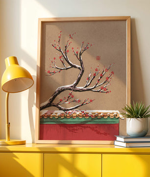Illustration of blooming plum branch over traditional rooftop