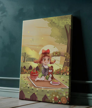 Whimsical picnic scene with a young girl and teddy bear under sunset in vibrant meadow