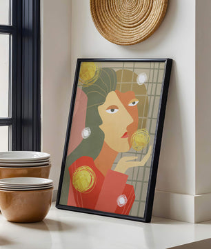 Abstract portrait artwork with geometric forms and gold accents