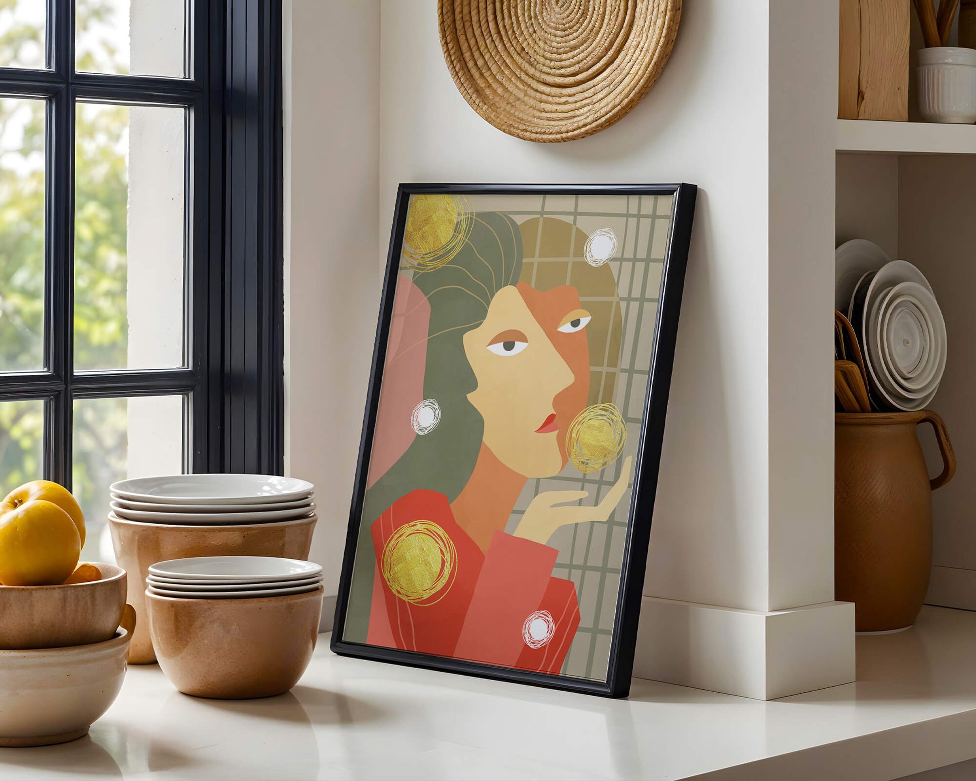 Abstract portrait artwork with geometric forms and gold accents