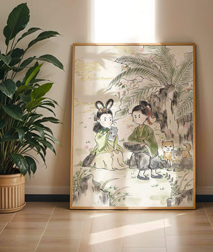 Arte asiático tradicional con dos personas y perros bajo un árbol