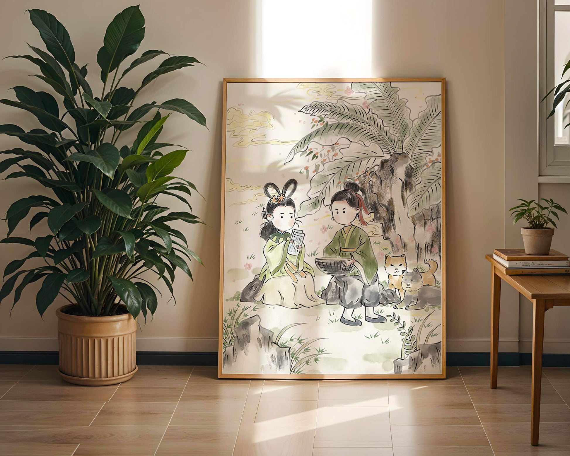 Arte asiático tradicional con dos personas y perros bajo un árbol